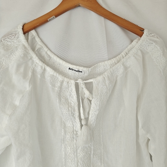 Reformation Peasant White Tassel Boho Embroidered Long Sleeves Cotton Blouse SM - Picture 6 of 10
